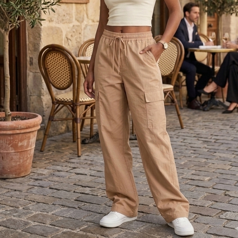 PacSun Wide Leg Cargo Pants Tan Baggy Y2K Streetwear High Rise Nylon Large New
